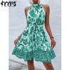 Women's Fashion Summer Spring Flower Pattern Print Sleeveless Hanging Neck High Waist Casual Dresses