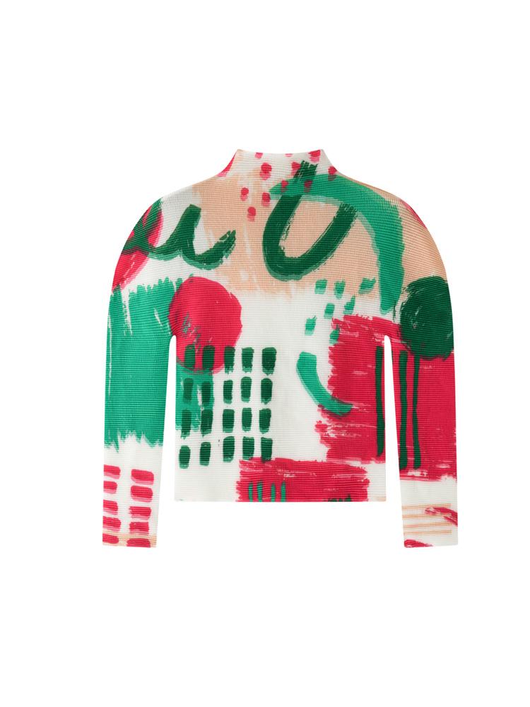 Женская футболка с высоким воротником и длинным рукавом Miyake Pleats - Весна/Лето 2026, Абстрактный принт "Зерно кукурузы", Облегающий крой.