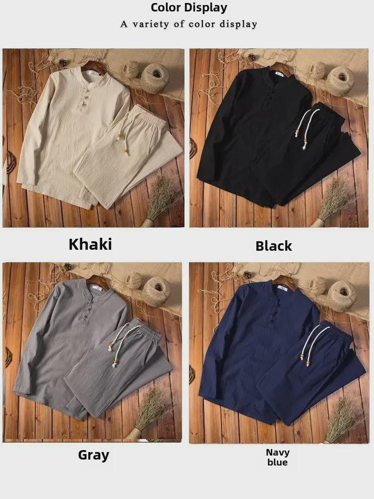 Мужской льняной костюм в китайском стиле: Летний комплект из двух предметов с футболкой с длинными рукавами, смесь хлопка и льна.