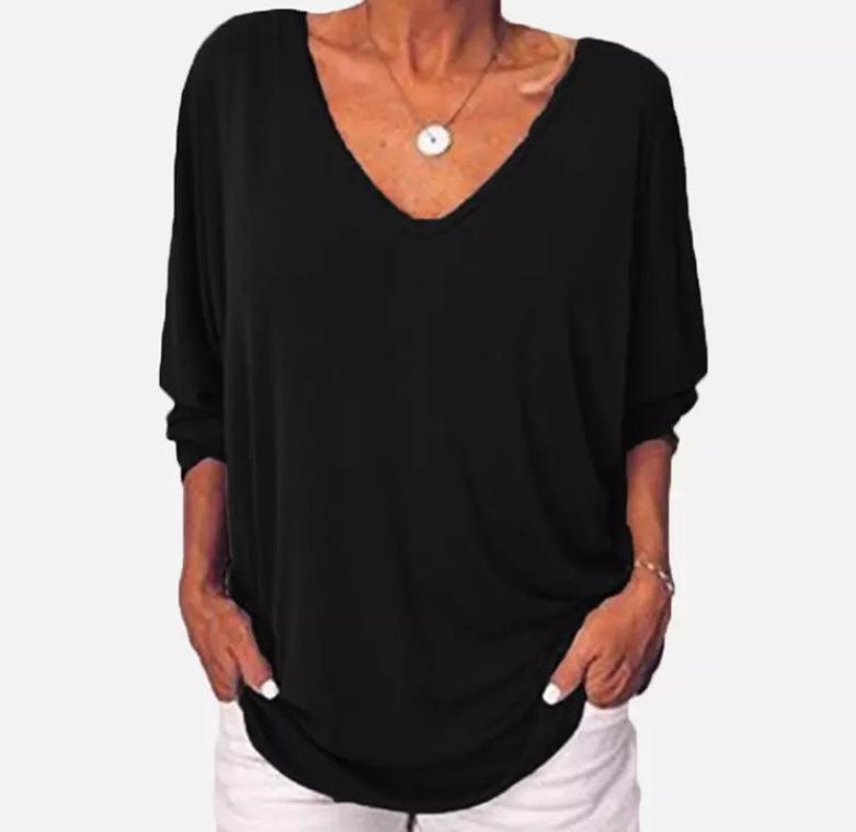 Women's V-Neck Batwing Long Sleeve Button-Back Loose Top