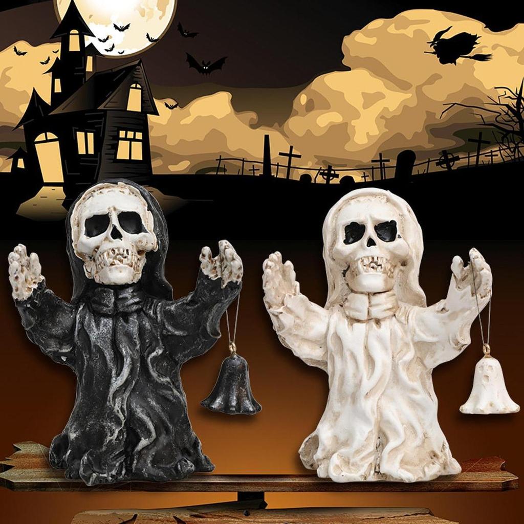 Halloween Skull Statue Holding Bell Figure Bookshelf Desktop Evil Resin Figurine
