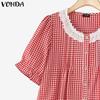 VONDA Women Short Sleeve Plaid Lace Crochet Ruffled Casual Blouse