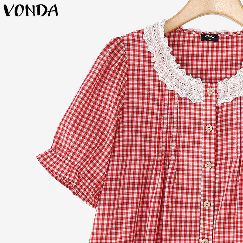 VONDA Women Short Sleeve Plaid Lace Crochet Ruffled Casual Blouse
