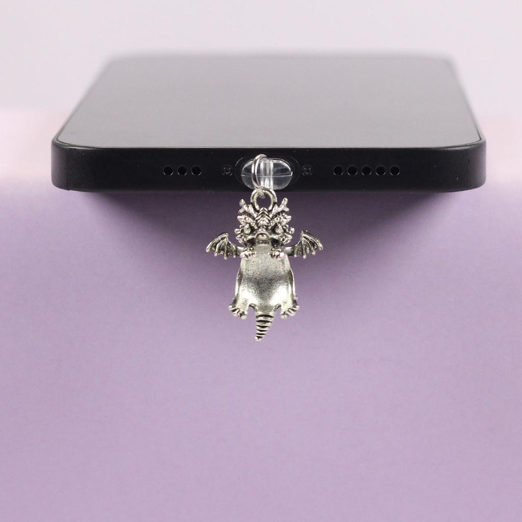 Mobile Phone Dust Plug In Deep Silver Color with Small Flying Dragon Pendant and Decoration, Suitable for IPhone Type-C Interface, Gift Trinket