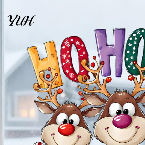 Christmas Scene Settings Static Cling Window Stickers, Cartoon Reindeer HOHOHO Art Glass Decals, Reusable Film Festive Holiday Decor for Home Windows