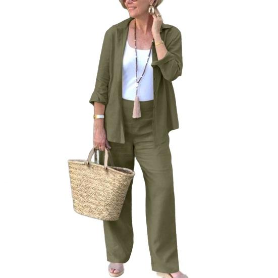 2Pcs/Set Women Casual Outfit Lapel Long Sleeve Buttons Closure Shirt High Waist Straight Wide Leg Long Pants Set Daily Wear