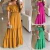 Puff Short Sleeves Elastic Waist Beach Dress Stitching Large Hem A-Line High-Waist Summer Off Shoulder Solid Color Maxi Boho Dress Streetwear