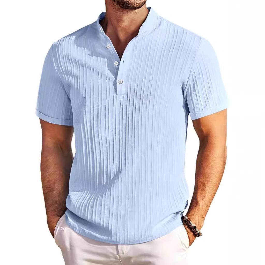 Men's Retro Striped Shirt Top Man Casual Loose Stand Collar Shirt