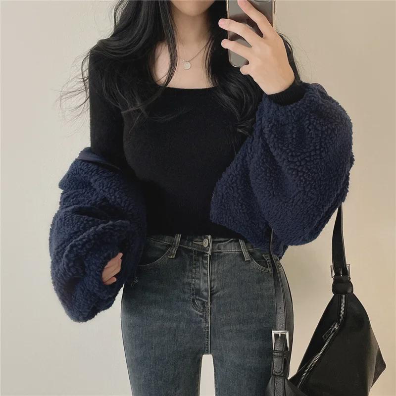 Женский кардиган из овчины с воротником-стойкой и бархатной подкладкой – свободный свитер на молнии для осени/зимы
