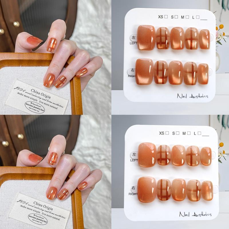 10 Pcs French Cat Eye Plaid Press On Nails Warm Gradient Handmade Fake Nails Detachable Elegant Nail Art Tips