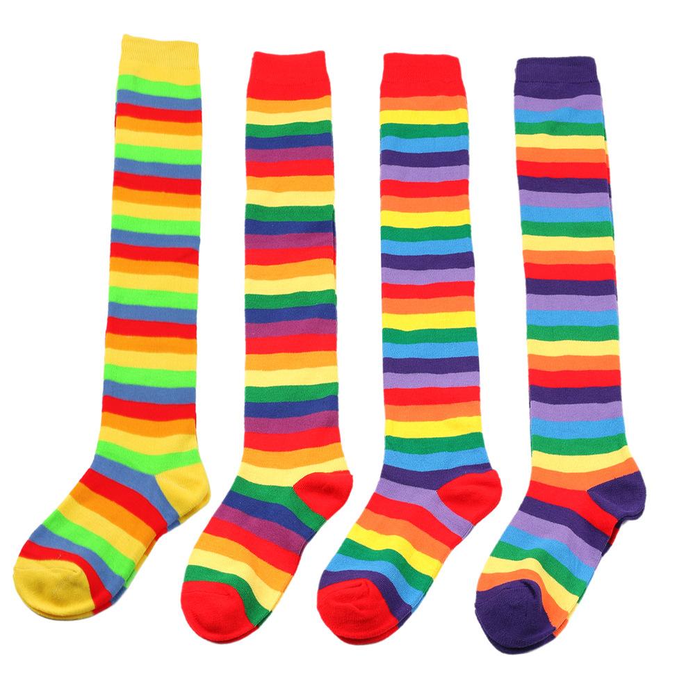 Радужные полосатые длинные гольфы выше колена женские фестивальные костюмные аксессуары для выступлений танцев красочные полосатые носки оптом