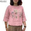 Women Casual Round Neck 3/4 Sleeve Loose Embroidery Blouse