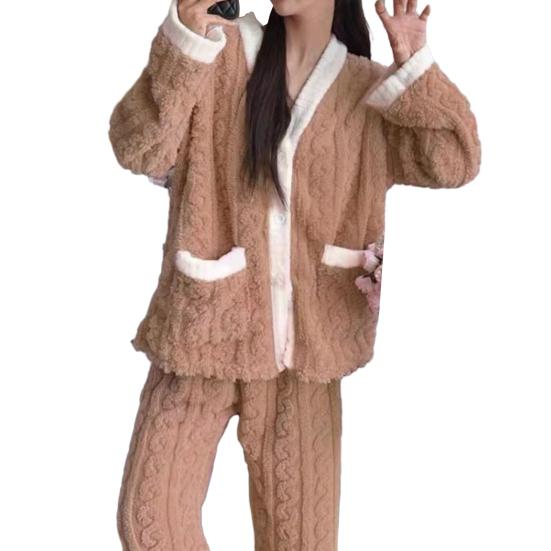 2 шт./компл. женский теплый комплект одежды для дома осень-зима утепленный плюшевый термопижамный комплект с v-образным вырезом и длинным рукавом