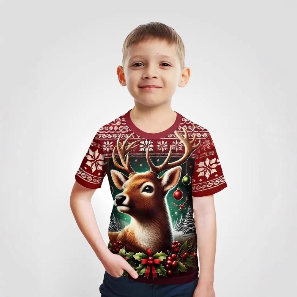Модная летняя детская футболка Разноцветная Рождественская коллекция Печать с животными Мягкая удобная дышащая футболка с круглым вырезом и коротким рукавом