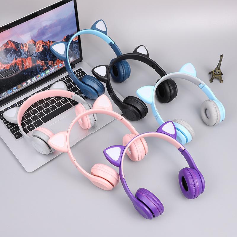 Wireless Bluetooth Headphones Cute Cat Ear Audio Stereo Sports Gaming Headset With Mic LED Lights Girl Earphone P47M