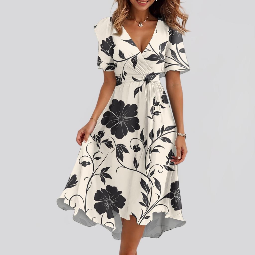 Женское свободное повседневное платье с V-образным вырезом, расклешенная юбка, короткие рукава, напечатанное платье с принтом