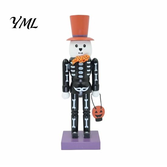 Pumpkin Basket Table Centerpiece Halloween Nutcracker Wooden Figurine, Hand-Painted Skeleton Soldier Ornament, Retro Spooky Desk Decor Style