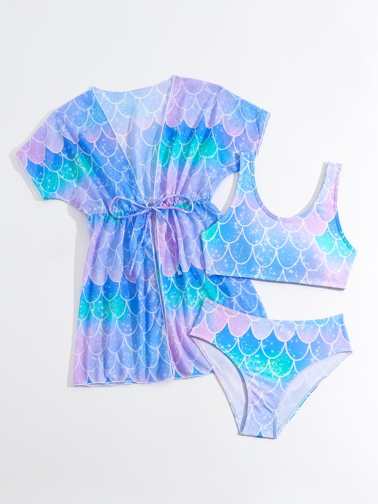 Модный комплект купальников для девочек из 3 предметов, топ с принтом, однотонный купальник с короткими рукавами и шнуровкой, купальный костюм