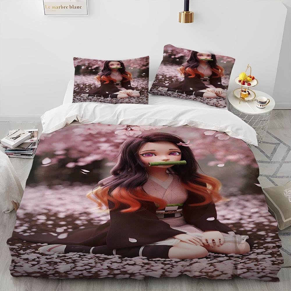 Demon Slayer Bedding Set Kamado Nezuko Duvet Cover Set Bedspread Pillowcase King Queen Full Single Size Bed Linen Kids Teen Gift