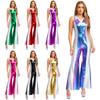 Womens 70s Disco Jumpsuit Metallic Shiny Flared Pants V Neck Sleeveless Lapel Collar Contrast Color Retro Romper