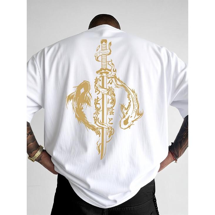 Men'S Casual Graphic Tee Featuring a Loose Fit And Round Neck, Designed for Summer with a Geometric Dragon And Sword Motif. This Machine-Washable Top