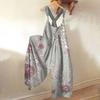 Wide Leg Overalls For Women Casual Loose Sleeveless Jumpsuits Retro Print Metal Button Long Pant Romper Jumpsuit With Pockets