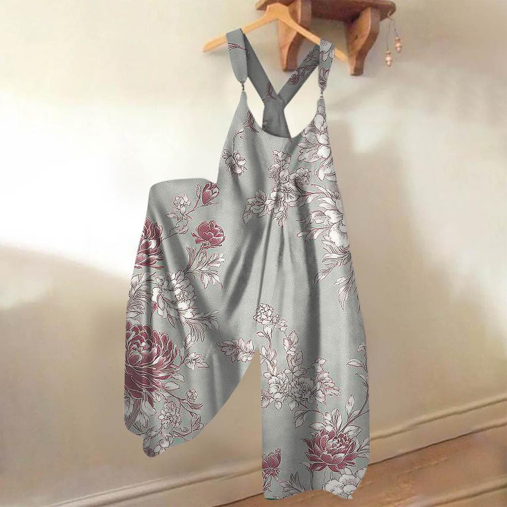 Wide Leg Overalls For Women Casual Loose Sleeveless Jumpsuits Retro Print Metal Button Long Pant Romper Jumpsuit With Pockets