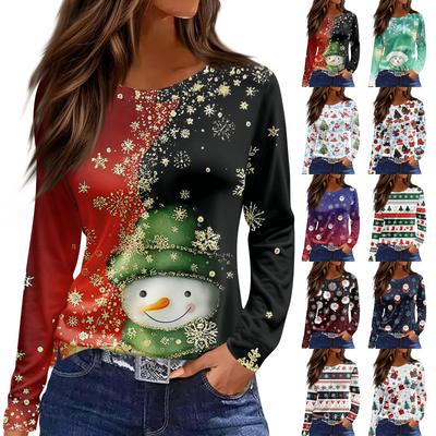 Женская модная повседневная футболка с разрезом по низу, круглым вырезом, длинными рукавами, свободного кроя, с рождественским принтом, женский топ