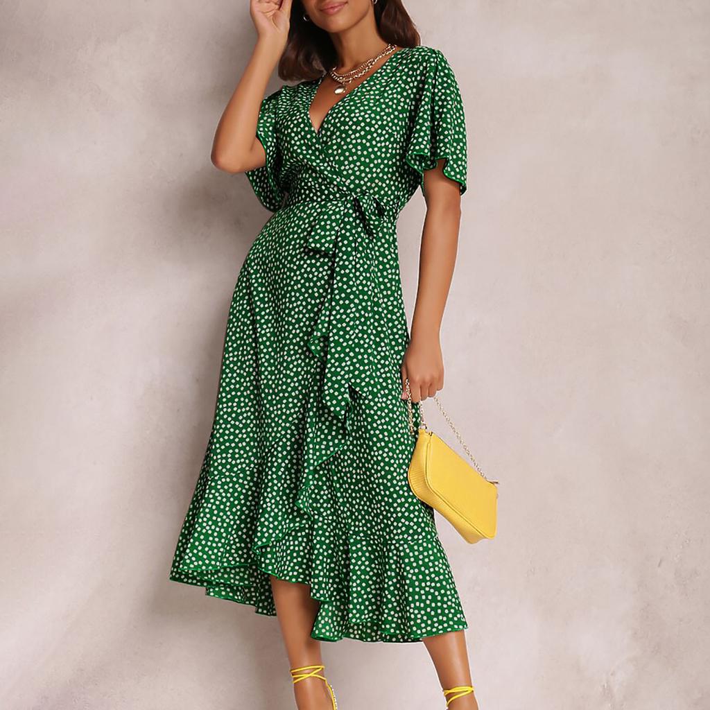 Модное женское сексуальное повседневное платье с v-образным вырезом и нерегулярным галстуком с высокой талией и коротким рукавом