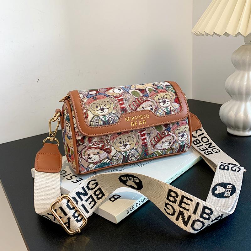 Beibaobao Cartoon Bear Contrast Messenger Bag - 2024 New Fashion Shoulder Bag for Women