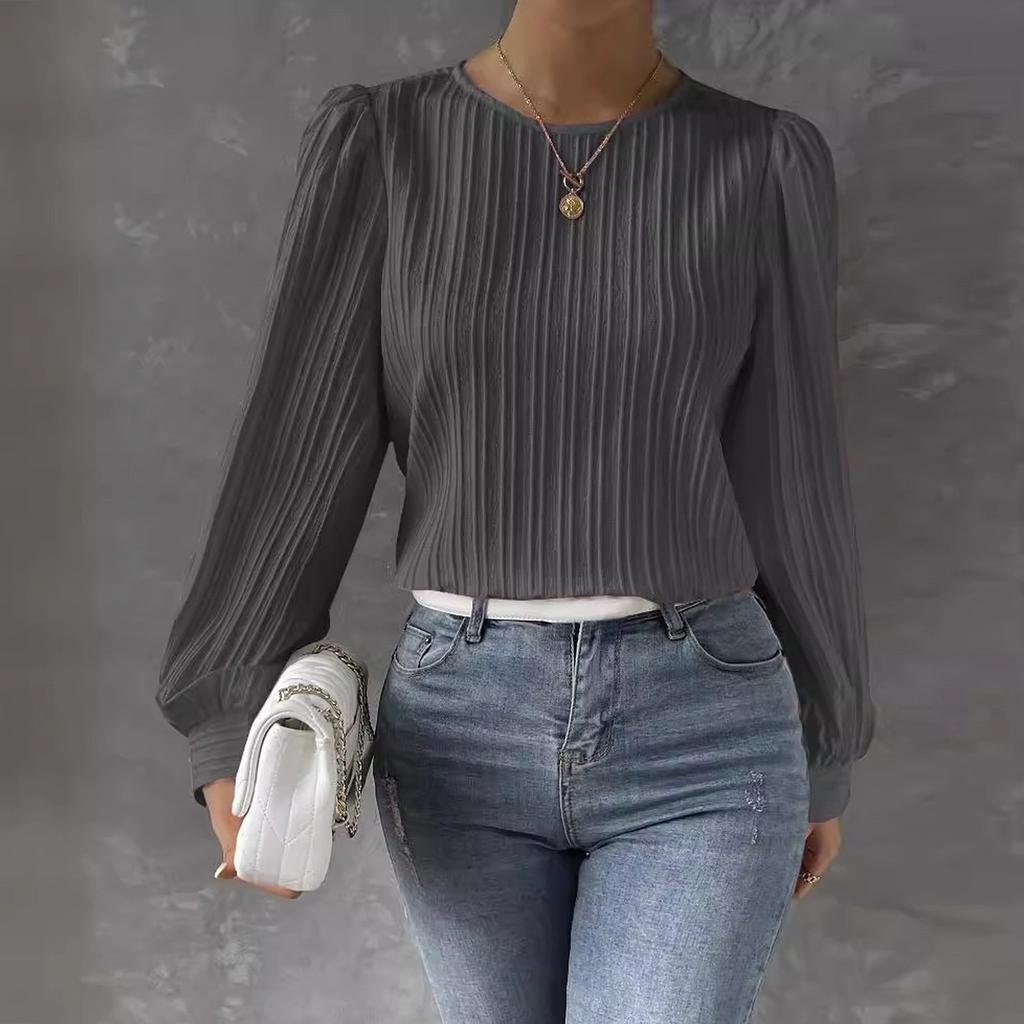Women's Fashionable Round Neck Long Sleeved Solid Color Loose Shirt Top