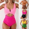 Women Sexy Monokini V-neck Sleeveless Hollow Out One-piece Swimsuit Patckwork Color Tummy Control High Waisted Bathing Suit