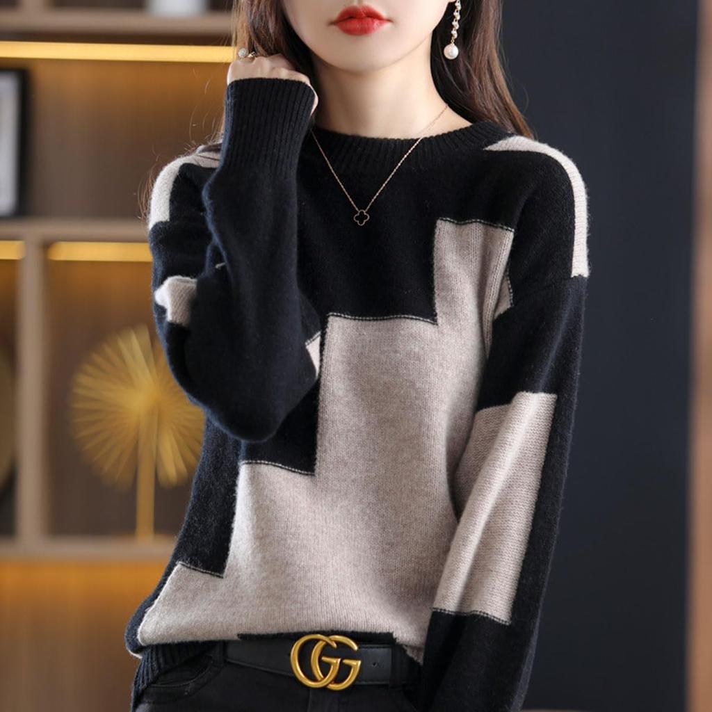 Futier Star Crew Neck Long Slimming Pullover for Simple One Women's Two-Tone Sweater, Sleeve, Color-Coordinated, Fall/Winter, Lightweight, Cute,