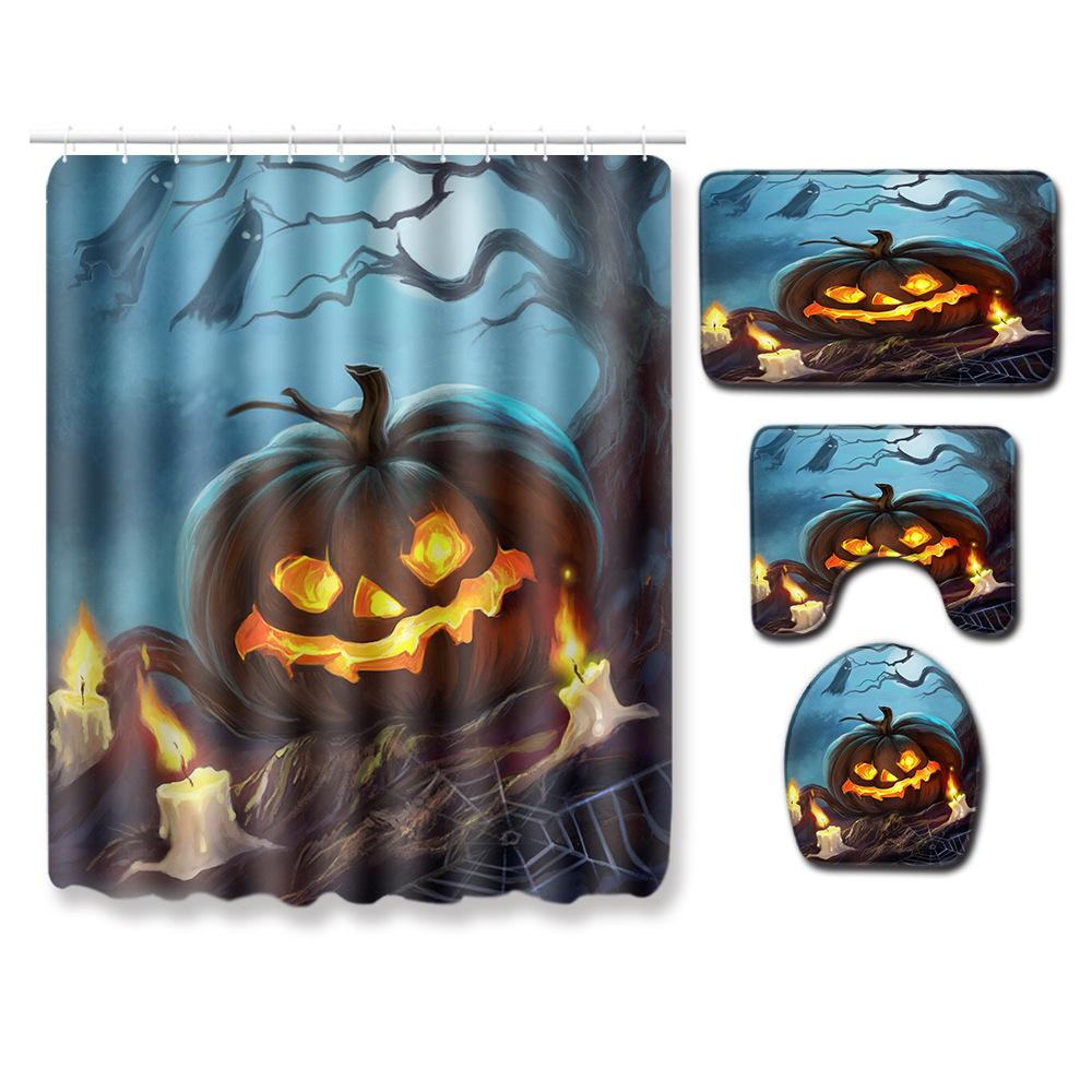 Halloween Shower Curtain Floor Mat Combination Four-Piece Set Bathroom Toilet Carpet Shower Room Foot Mat