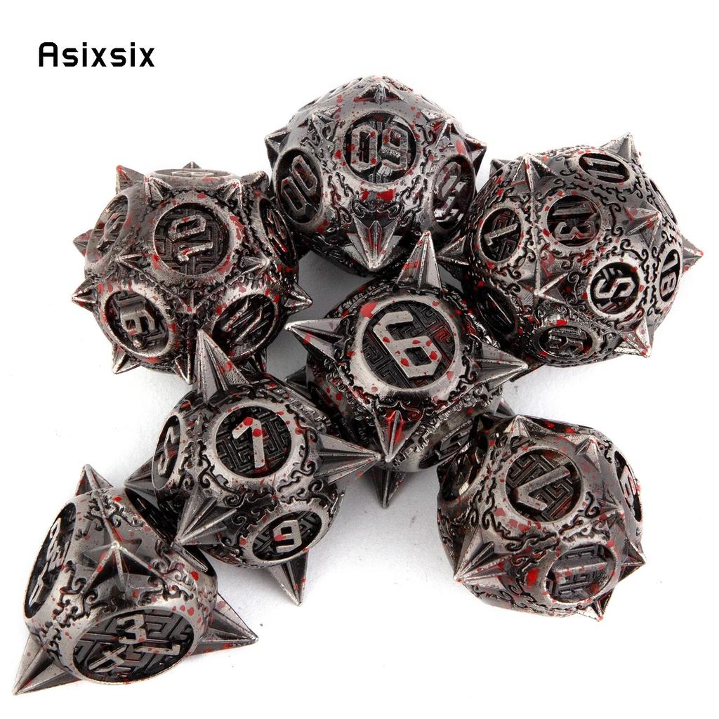 7 Pcs Silver Red Meteor Hammer Metal Dice Solid Metal Polyhedral Dice Set Suitable for Role-Playing RPG  Board Game Card Game