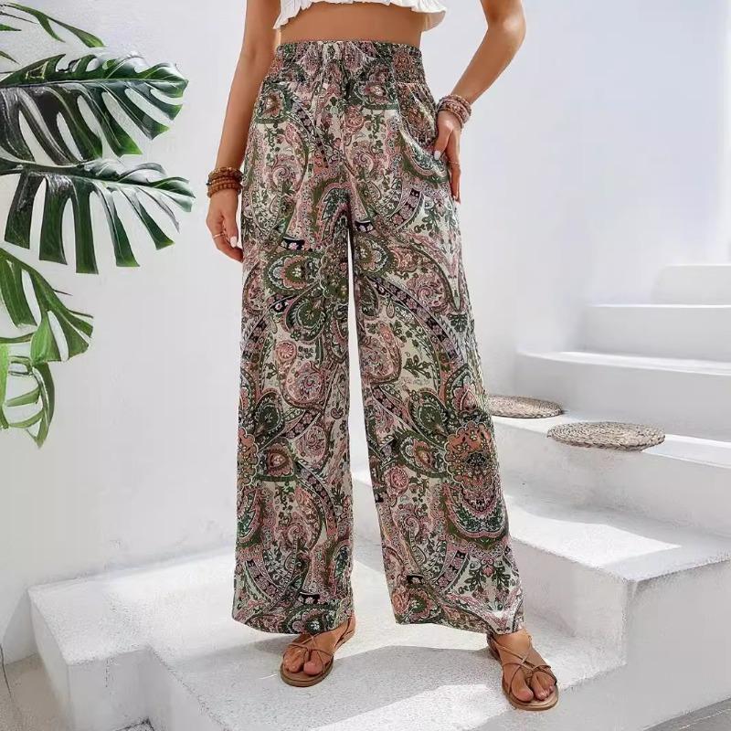 Women's Summer Fashion Versatile Printed Elastic Waist Wide Leg Pants Trousers Women’s