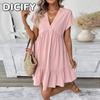 Модные женские летние и весенние повседневные платья DICFY, однотонные с принтом, с V-образным вырезом, с коротким рукавом