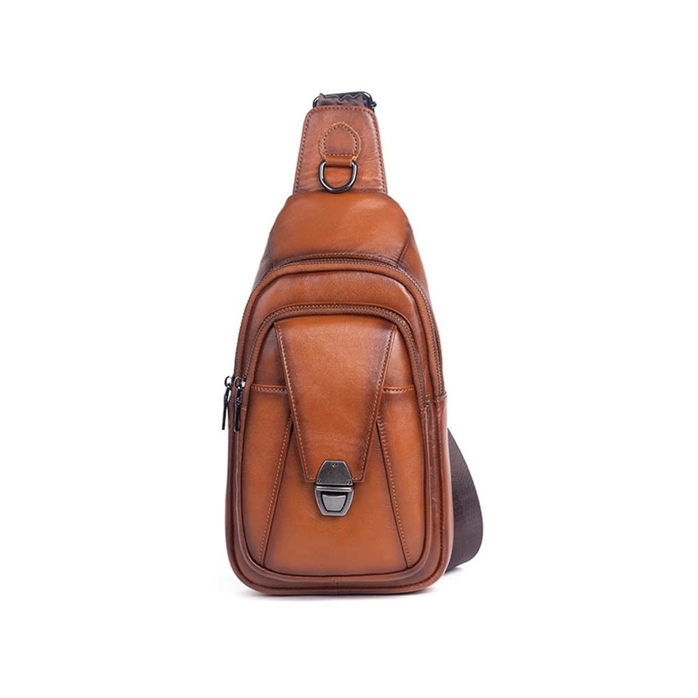 Antique Texture Tanned Natural Cowhide Leather Crossbody Bag Shoulder Bag Body Bag Chest Bag Rucksack Bag Handbag Bag with Earphone Hole Genuine