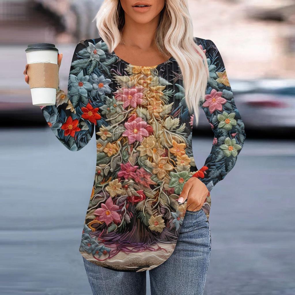 Женская повседневная и модная принтованная футболка с круглым вырезом и длинными рукавами, плиссированная футболка на Рождество