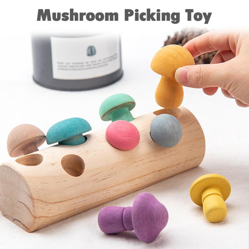 Wooden Rainbow Blocks Mushroom Picking Game Montessori Educational Wooden Baby Toys Developmental Shape Matching Assembly Grasp