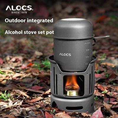Alocs Походная плита для кемпинга 3200 Вт - Ветрозащитная, Компактная система для приготовления пищи со складывающейся конструкцией, котелком и спиртовой горелкой, для бэкпэкинга/пешего туризма