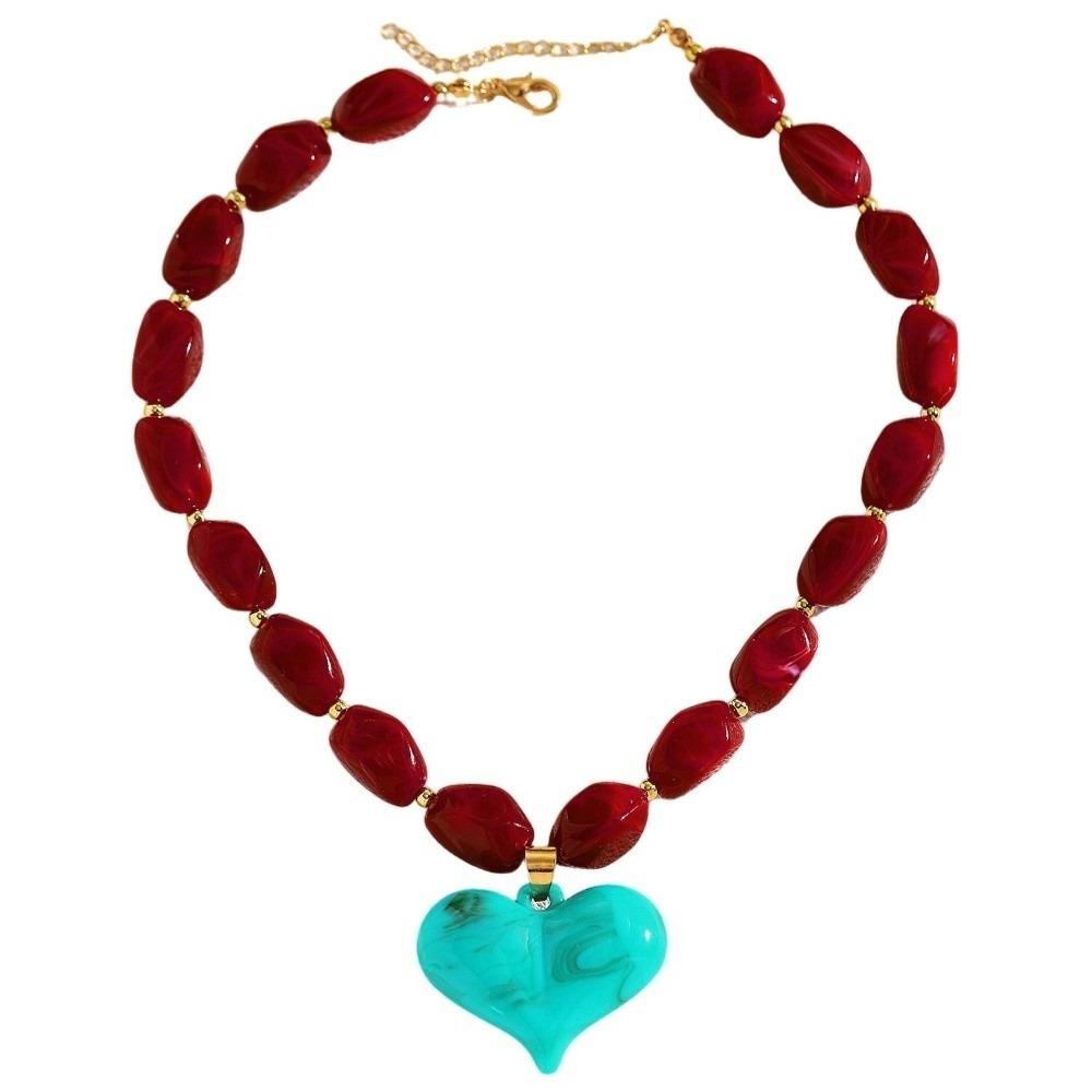 Colorful Heart Pendant Necklace Multi-Color Statement Jewelry Unique Bead Choker Vacation Wear