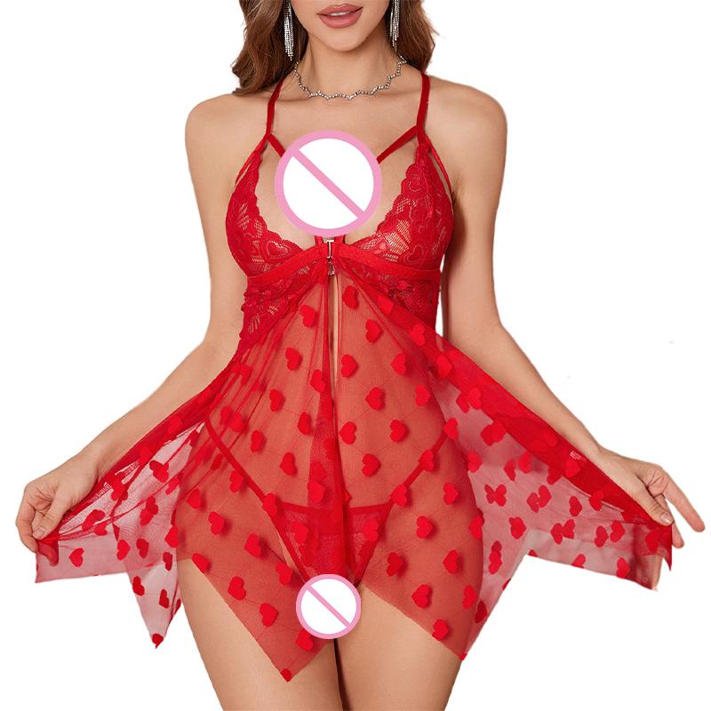 2Pcs Set Sexy Lingerie Home Wear Sexy Nighties Lingerie Red Love Mesh Hollowed-out Halter Women's Nightdress Sexy Nightgown