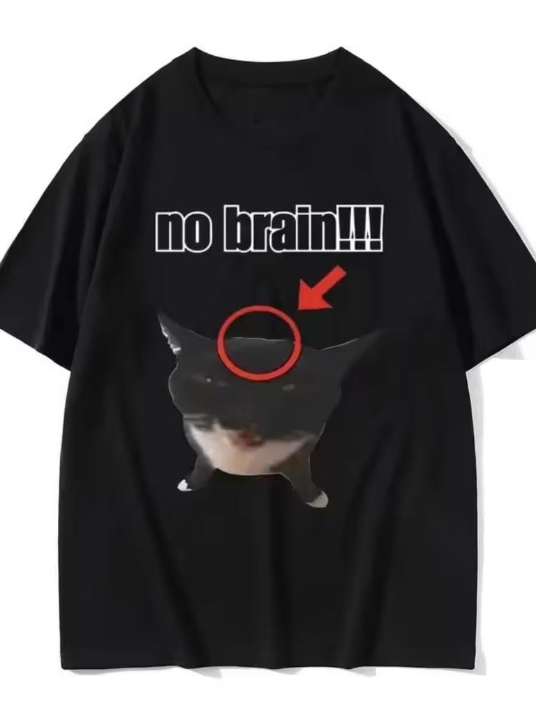 2026Summer Cotton Printed TShirt No Brain Cat Funny Meme Graphic Tee Unisex WOMEN Plus Size Loose Casual Hip Hop Rap Comfort Top