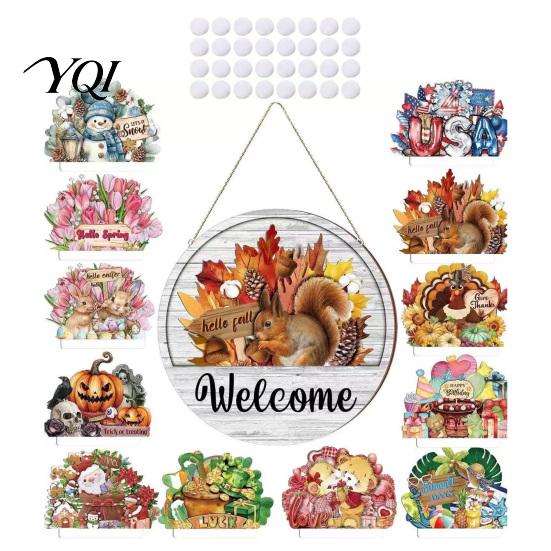 Rustic Wooden Welcome Sign for Home Interchangeable Sign, Seasonal Magnetic/Insert Icon Hanger, Front Door Farmhouse Round Wood Hanging Piece