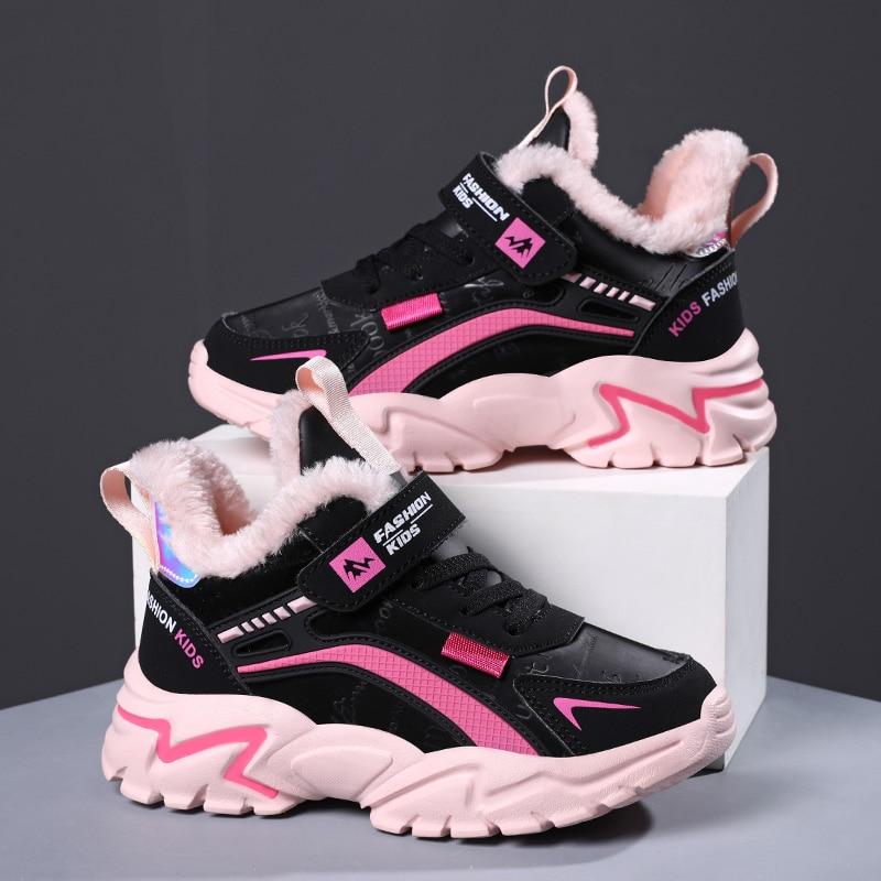 Плюшевая теплая детская повседневная обувь, непромокаемые кожаные детские кроссовки, спортивная розовая обувь для бега для девочек, кроссовки