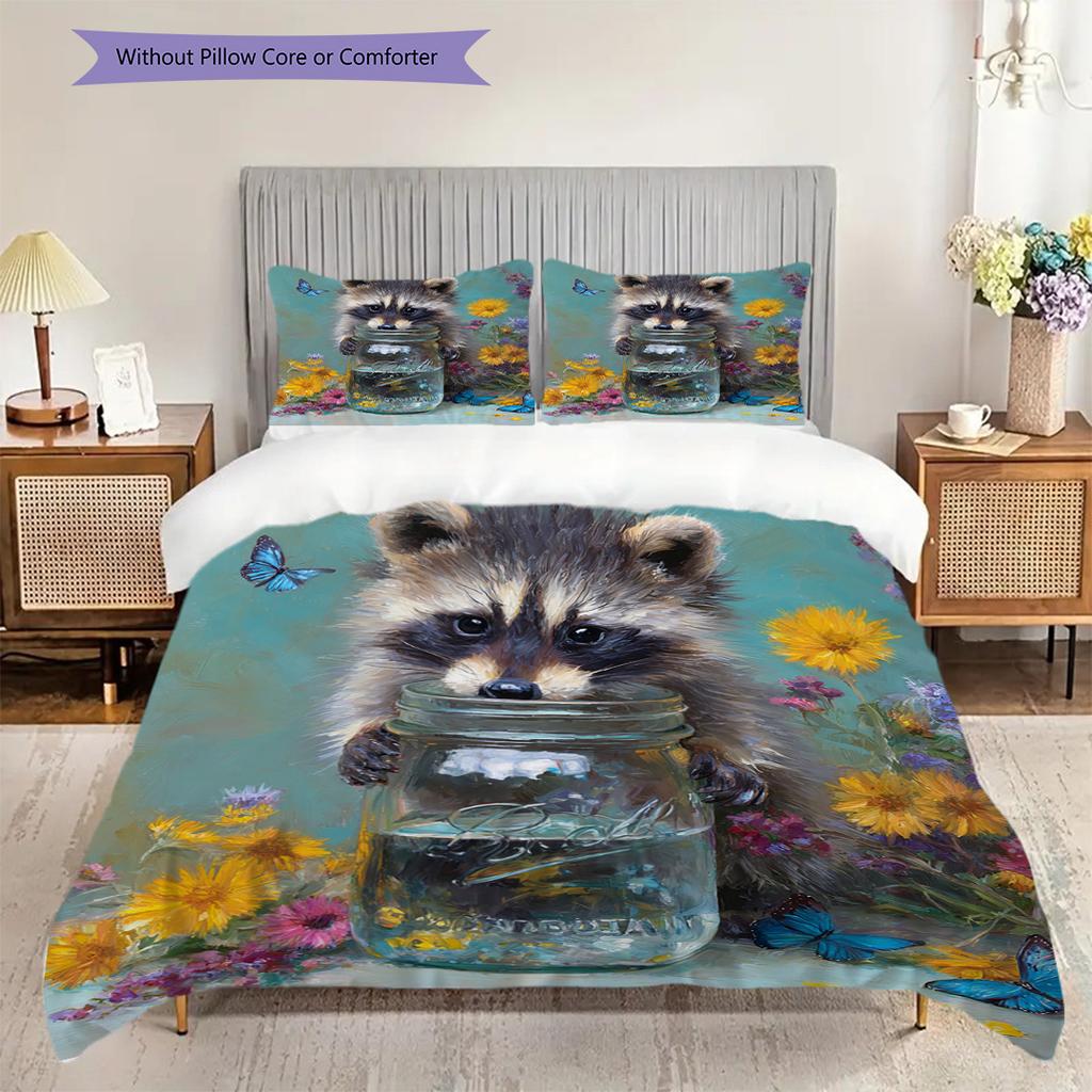 Raccoon Pattern Bedding Quilt Set Quilt Cover Pillowcase Home Decoration Birthday Gift (1 * duvet cover + 2 * pillowcase, without core)