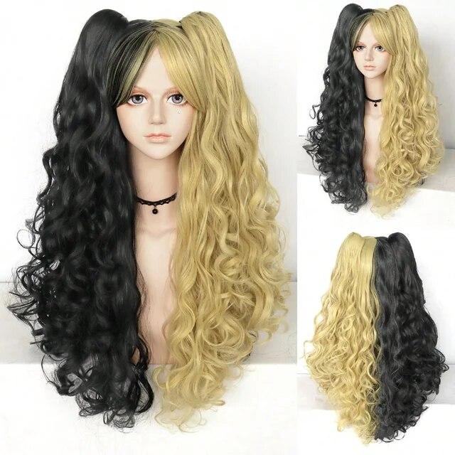 Парик для косплея Синтетический длинный цветной вьющийся парик для косплея Лолиты для девочек с двойными хвостиками и 1 шапочкой для парика