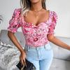 Sexy Backless Square Collar Blouse Top For Women Spring Summer Floral Chiffon Shirt Lantern Sleeve Short Sleeve Red Blue Black S M L XL