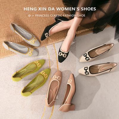 Модные весенние женские туфли с квадратным носком и неглубоким вырезом на толстом каблуке, дышащие, трикотажные, вышитые, на среднем каблуке, летящие, тканые, одинарные туфли